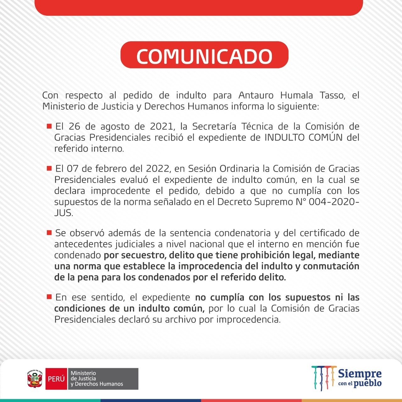 Comisión de gracias presidenciales declaró improcedente el indulto común solicitado por Antauro Humala  