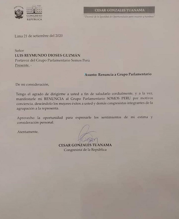 Congresista César Gonzales renunció a la bancada de Somos Perú