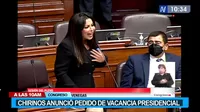Congreso: Patricia Chirinos anuncia que redactó pedido de vacancia del presidente Castillo