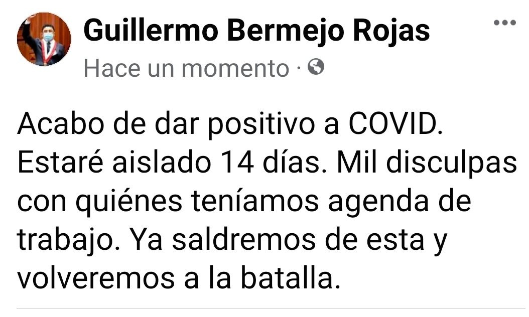 Congresista Guillermo Bermejo dio positivo a COVID-19 