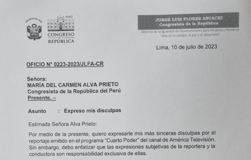 Congresista Jorge Flores Ancachi se disculpó con María del Carmen Alva tras difusión de audio