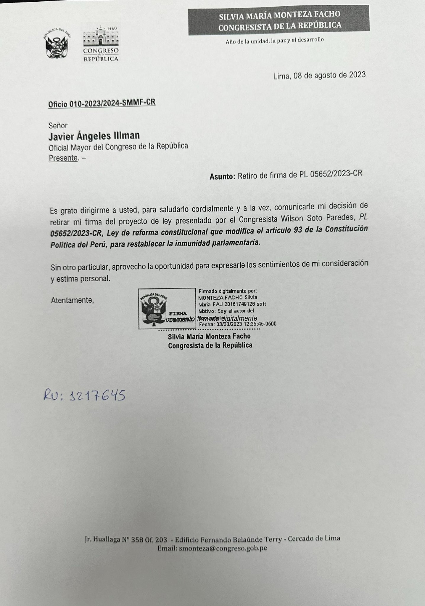 Silvia Monteza: Congresista retiró su firma en proyecto de ley para restablecer inmunidad parlamentaria