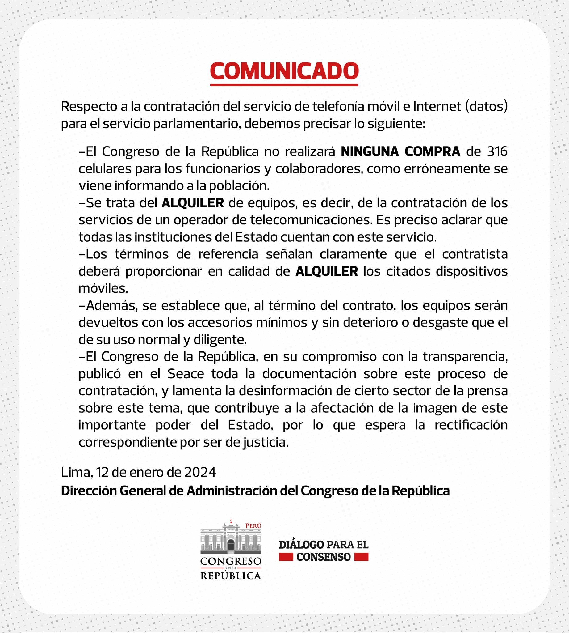 Comunicado del Congreso de la República - Foto: @congresoperu