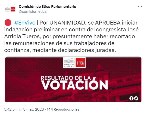 Congreso: Ética investigará a José Arriola por presunto recorte de sueldos a trabajadores