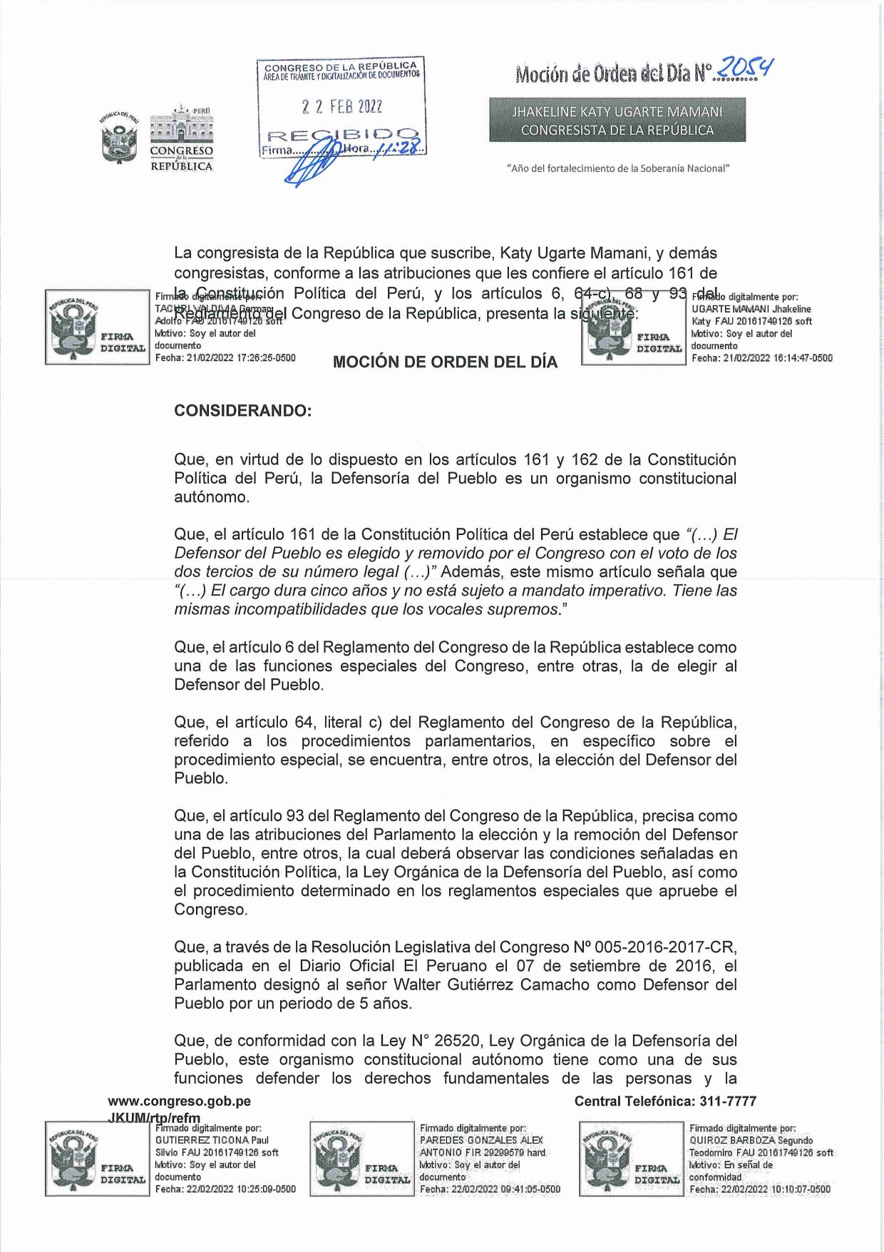 Defensoría del Pueblo: congresista pide reemplazar a Walter Gutiérrez