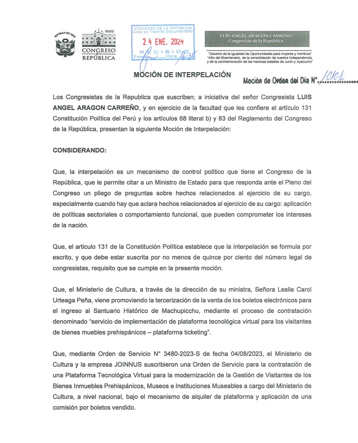 Congresista Luis Aragón la moción de interpelación contra la ministra de Cultura, Leslie Urteaga - Foto: Canal N