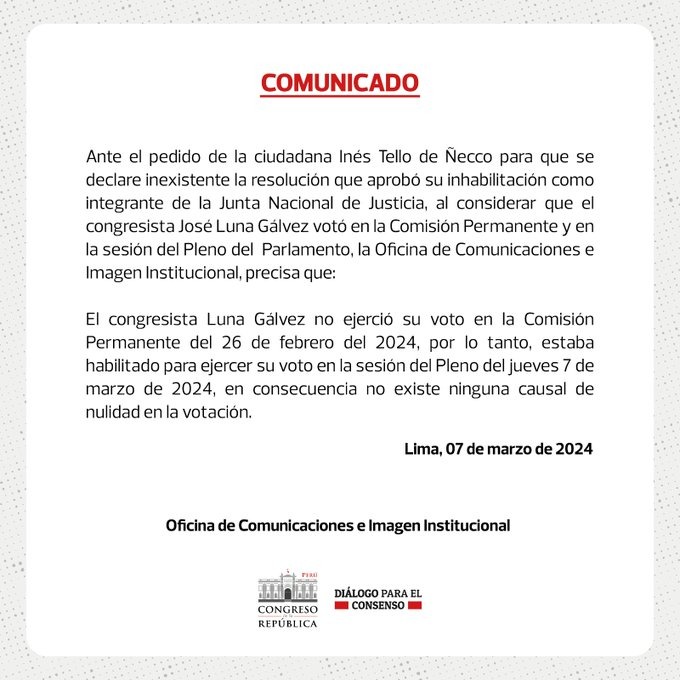 Congreso desestima solicitud de Inés Tello para anular voto de José Luna