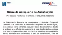 Corpac dispuso cierre del aeropuerto de Andahuaylas tras ataque a sus instalaciones