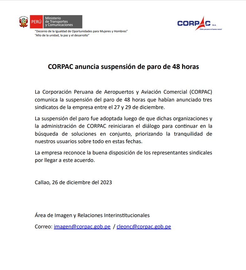 Corpac emitió comunicado para anunciar la suspensión del paro - Foto: Corpac