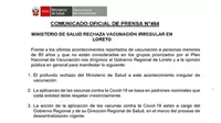 COVID-19: Minsa rechaza vacunación irregular de alcaldes en Loreto