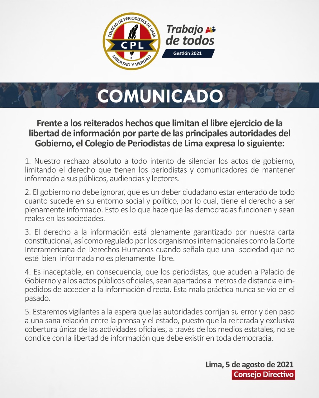 CPL: Es inaceptable que periodistas que van a Palacio sean impedidos de acceder a la información directa