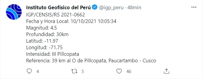 Cusco: Se registró sismo de 4.5 de magnitud en Paucartambo