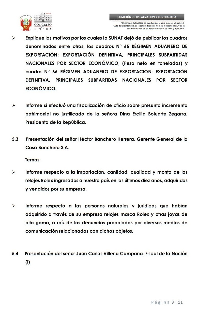 Dina Boluarte: Comisión de Fiscalización agendó presentación de la mandataria por caso Rolex