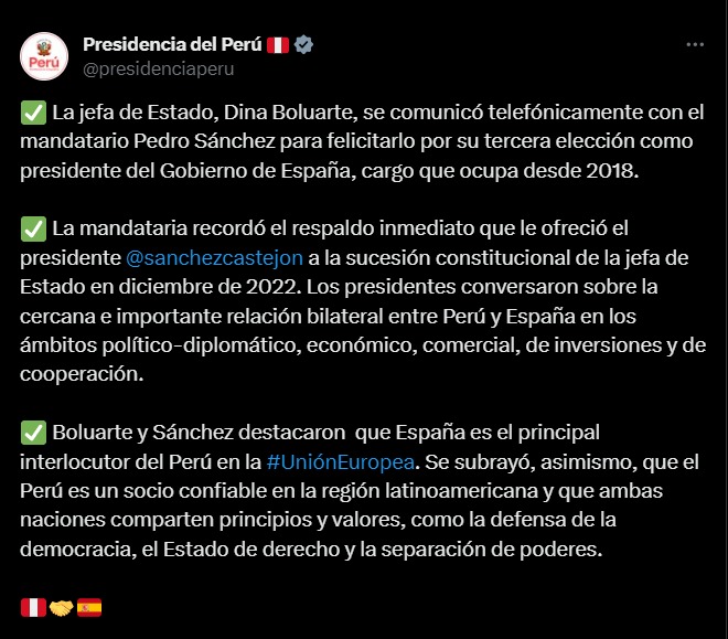 Boluarte felicitó a Pedro Sánchez por su tercera reelección como presidente del Gobierno de España