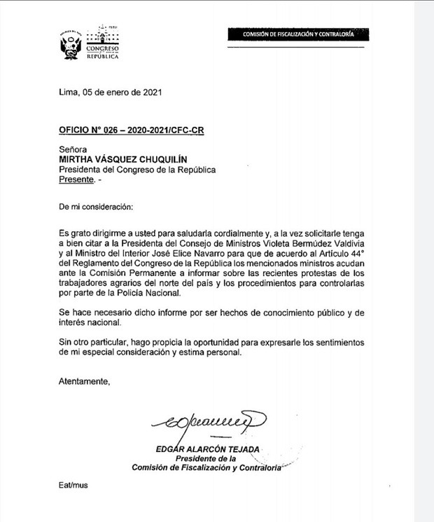 Edgar Alarcón pide citar a Violeta Bermúdez y al ministro Elice a la Comisión Permanente
