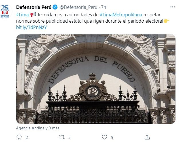 Elecciones 2021: Defensoría insta a autoridades de Lima Metropolitana a respetar normas sobre publicidad estatal