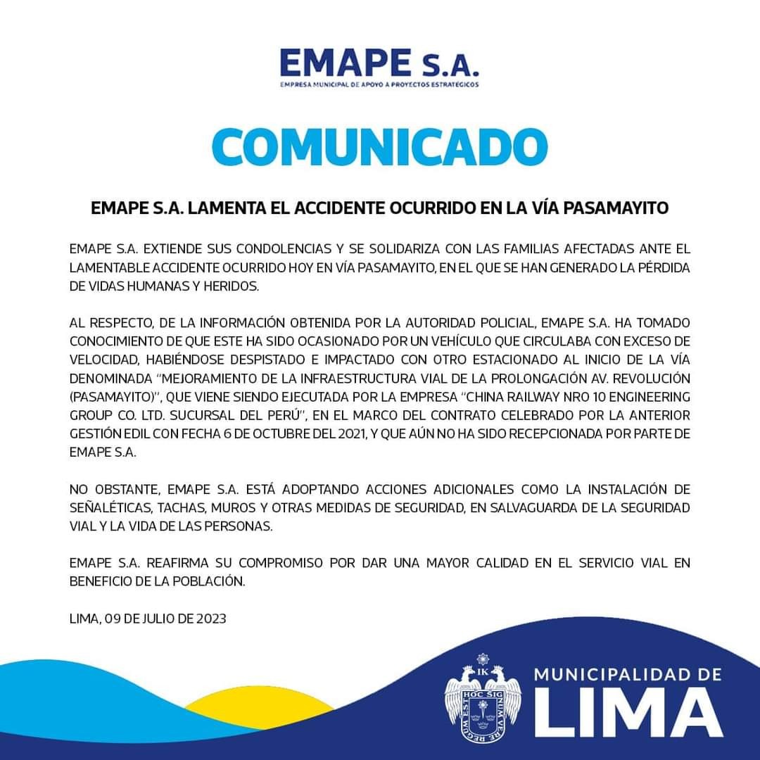 Emape solicitará cierre temporal de Pasamayito tras accidente