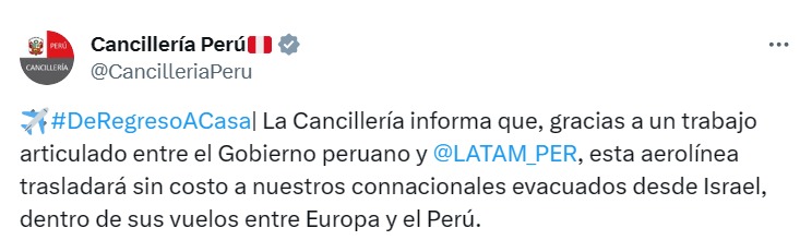 Gobierno peruano acordó con Latam para traslado de peruanos