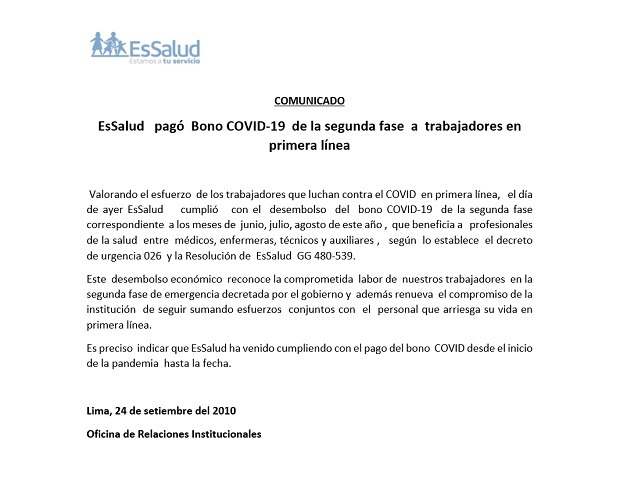 EsSalud entregó bono COVID-19 de la segunda fase a trabajadores en primera línea
