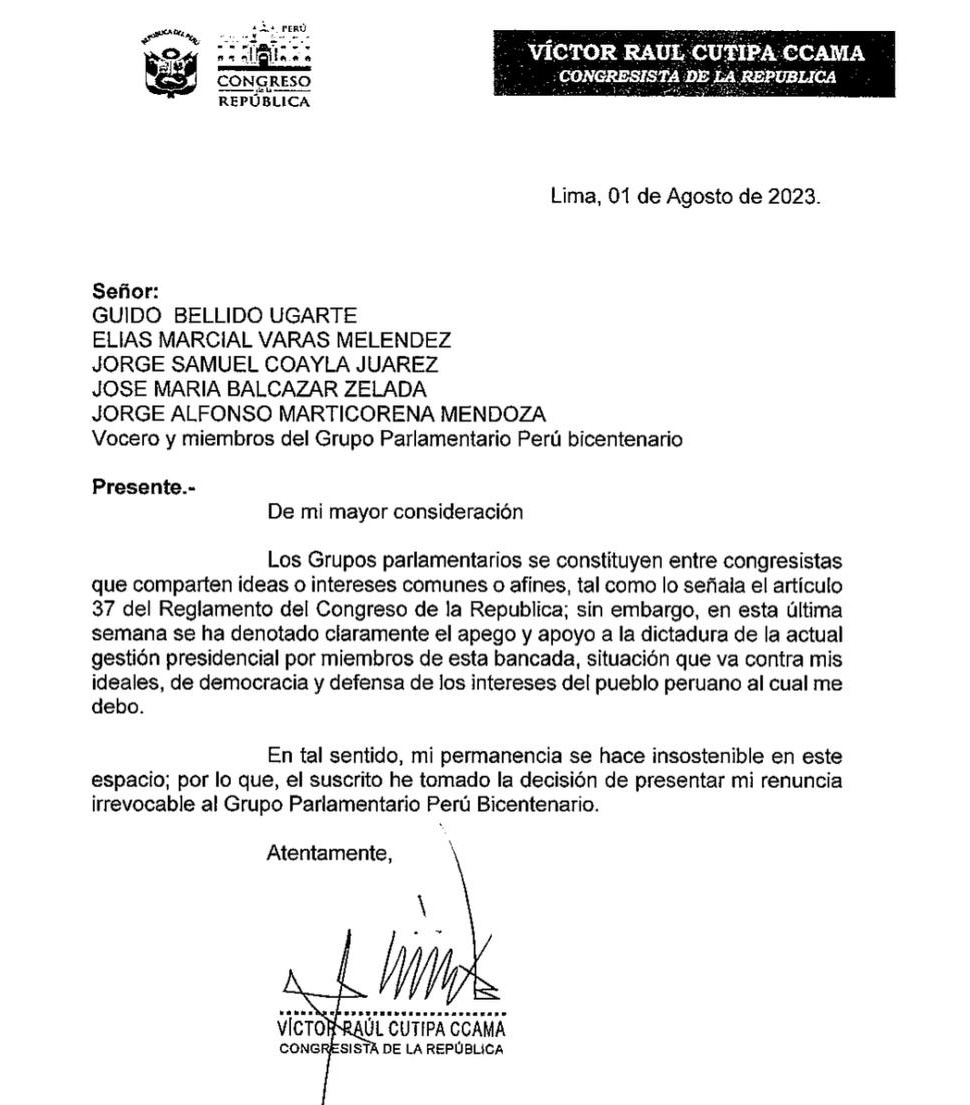 Oficio con su renuncia que presentó el congresista Víctor Cutipa a Perú Bicentenario