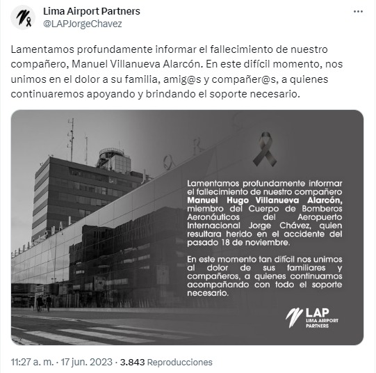 Falleció bombero que sobrevivió a la tragedia en el aeropuerto Jorge Chávez