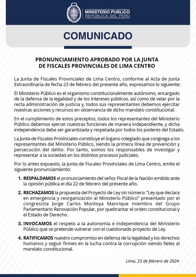 Fiscales provinciales de Lima Centro: Proyecto de Montoya quebranta Estado de Derecho