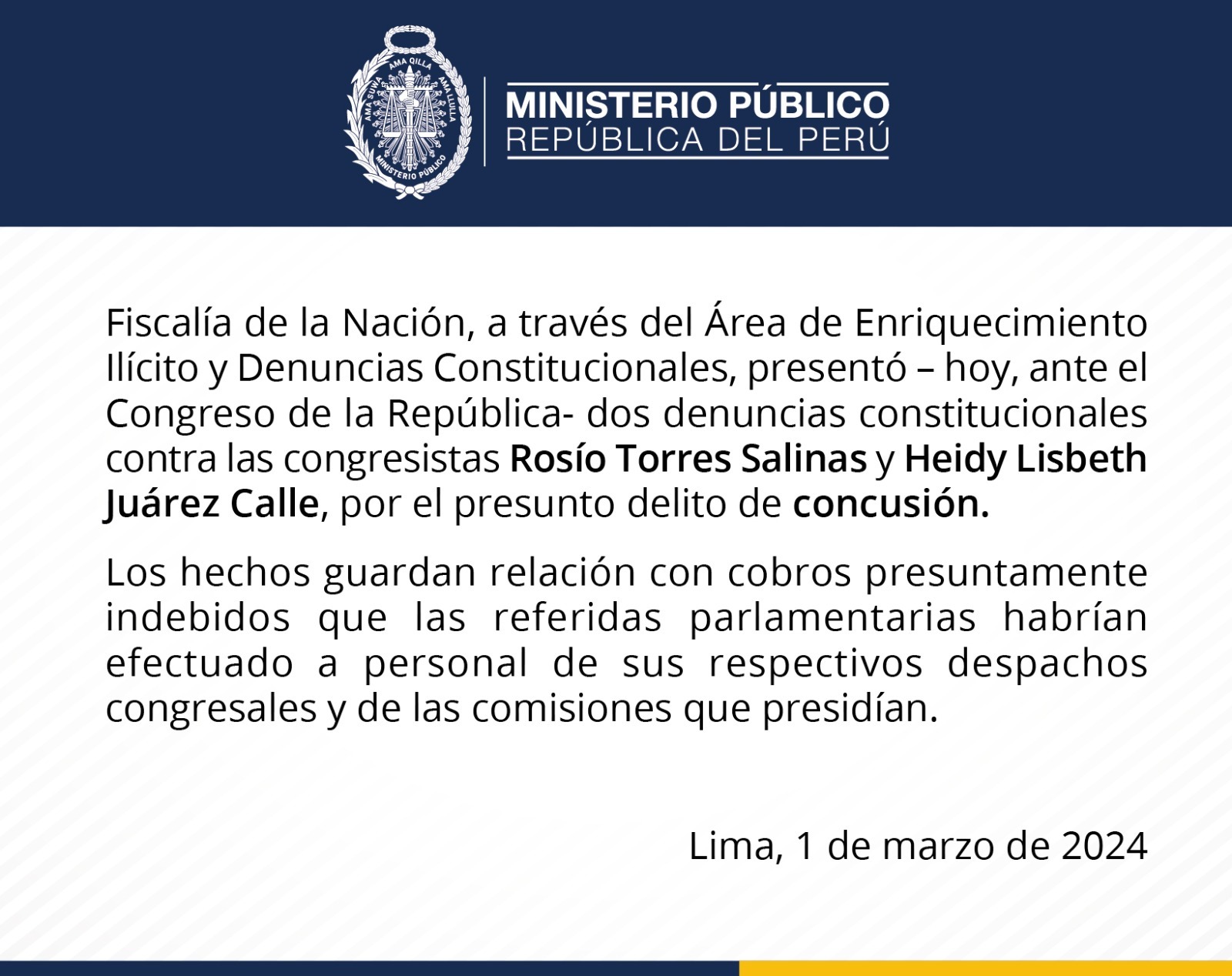 Fiscalía denunció a congresistas Rosío Torres y Heidy Juárez por presunto recorte de sueldo a trabajadores