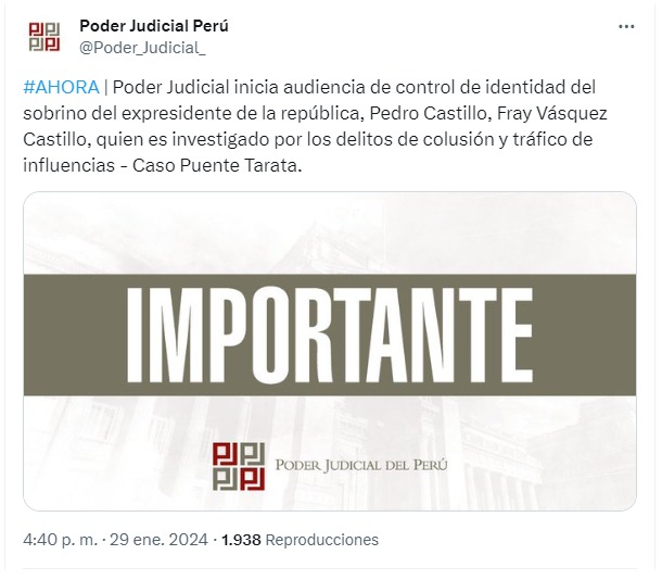 Poder Judicial inicia audiencia de control de identidad de Fray Vásquez Castillo - Foto: Poder Judicial