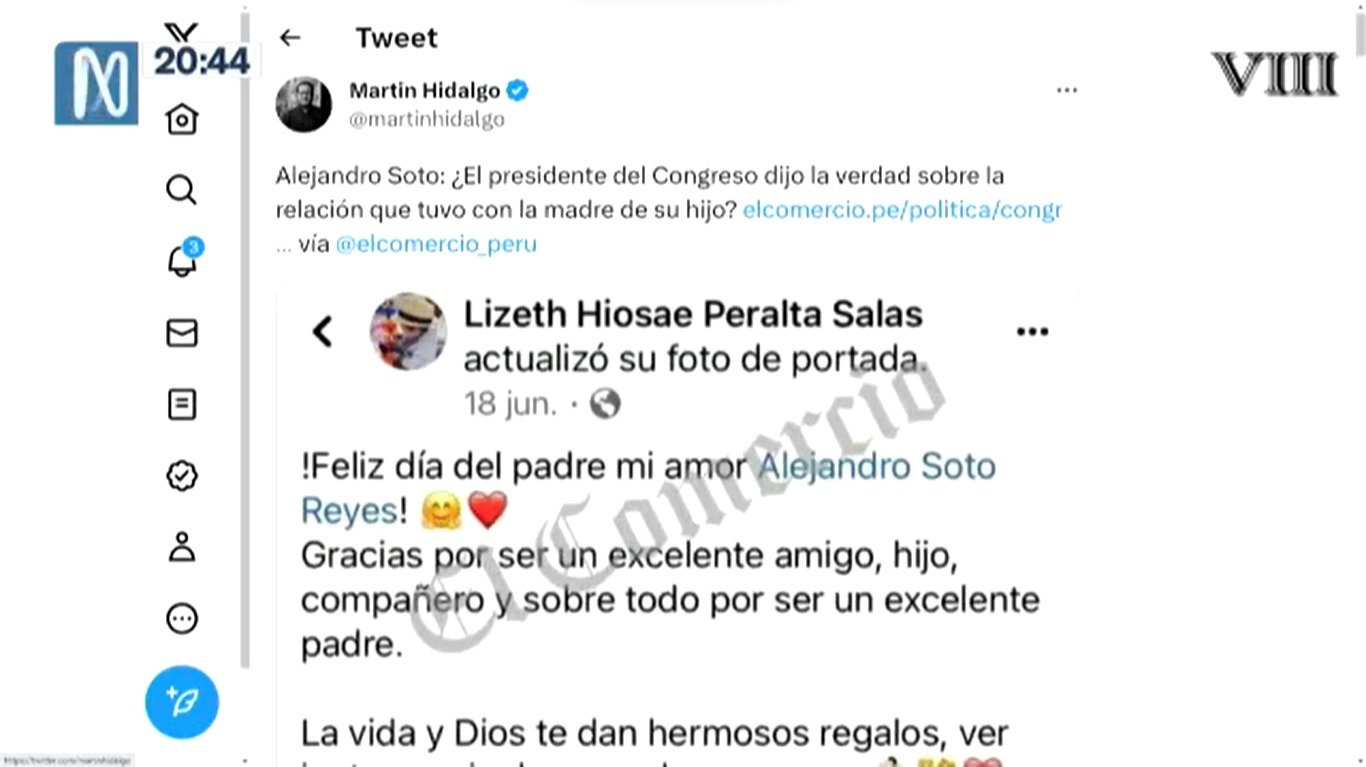 El presidente del Congreso, Alejandro Soto, negó que la hermana de Yeshira Peralta, a quien contrató en su despacho, haya sido su pareja - Foto: Captura Twitter @martinhidalgo