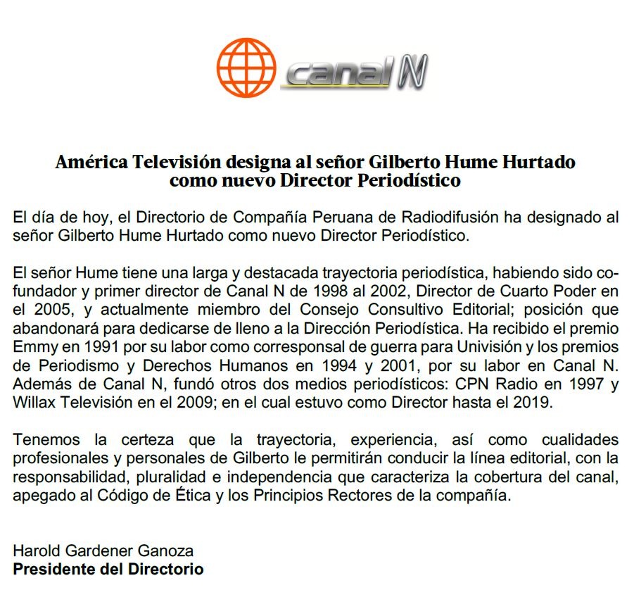 Gilberto Hume Hurtado es el nuevo director periodístico de América TV y Canal N