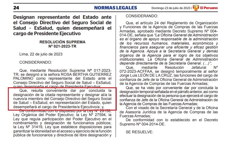 Fragmento de la resolución que oficializa la destitución de Rosa Gutiérrez en EsSalud - Foto: Diario El Peruano