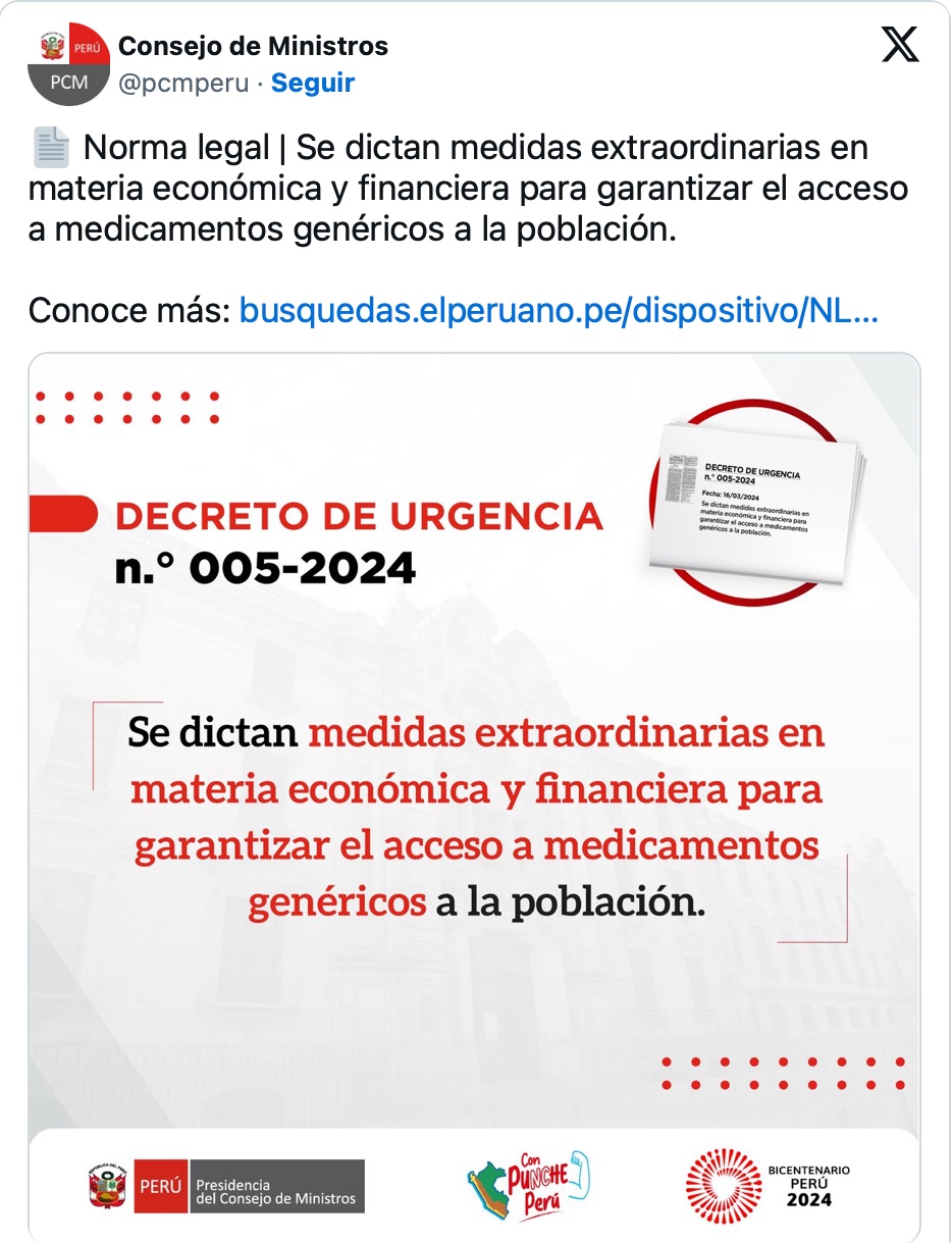 Gobierno emite decreto de urgencia para garantizar acceso a medicamentos genéricos
