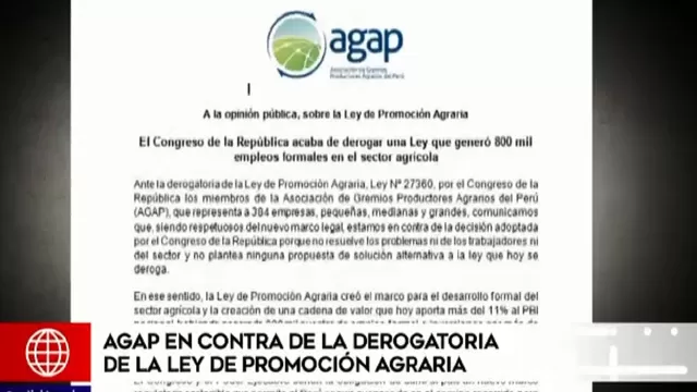 AGAP tras derogatoria de la ley de promoción agraria: Decisión del Congreso no resuelve los problemas