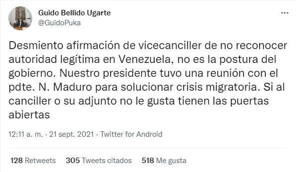 Guido Bellido: Desmiento afirmación de vicecanciller de no reconocer autoridad legítima en Venezuela