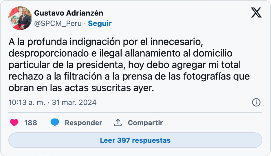 Gustavo Adrianzén rechazó filtración de fotografías de allanamiento a casa de Dina Boluarte