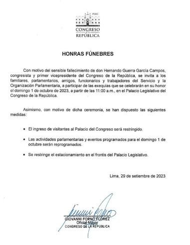 Hernando Guerra García: Congreso realizará honras fúnebres este domingo
