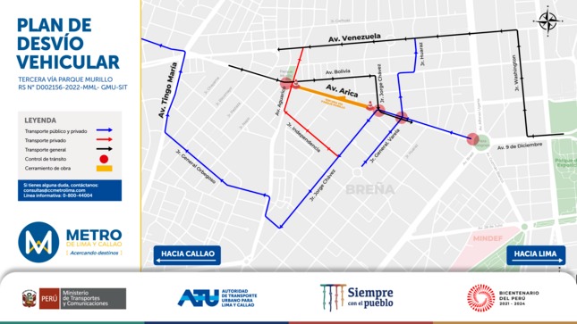 Hoy se inicia plan de desvío vehicular en Breña por obras de la Línea 2 del Metro de Lima