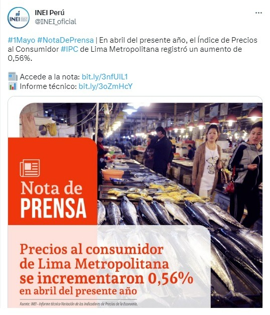 INEI: Inflación de abril en Lima Metropolitana fue de 0.56 %