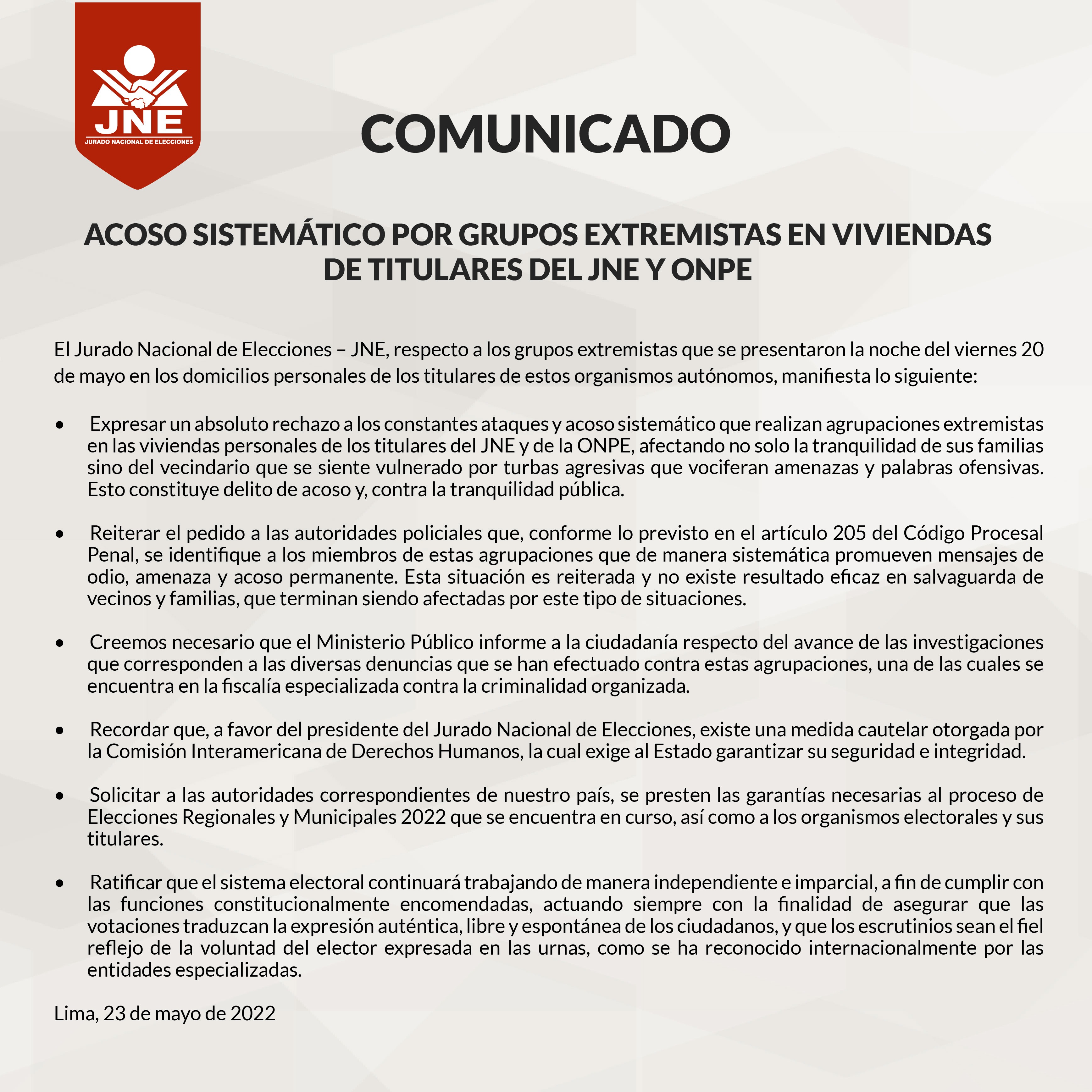 JNE rechaza ataques y acoso sistemático contra Jorge Luis Salas Arenas y titular de la ONPE