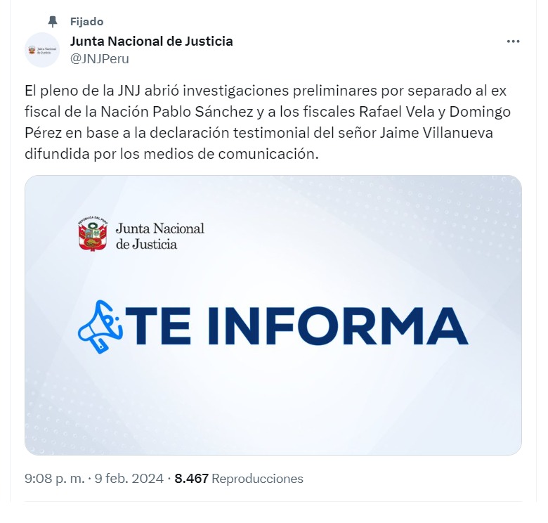 JNJ abrió investigación preliminar contra fiscales Pablo Sánchez, Rafael Vela y José Domingo Pérez