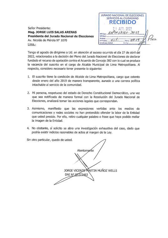  Jorge Muñoz envió carta al JNE: No he pretendido ofender a la entidad