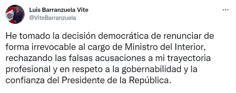 Barranzuela renunció al cargo de ministro del Interior