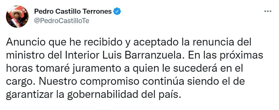 Barranzuela renunció al cargo de ministro del Interior