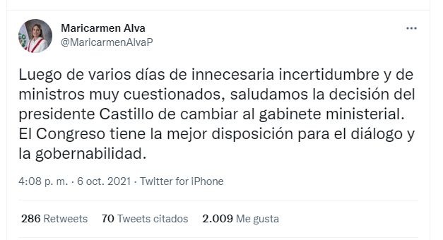 María del Carmen Alva: "Saludamos la decisión del presidente Castillo de cambiar al gabinete"