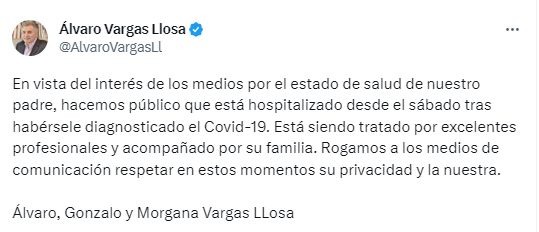 Mario Vargas Llosa fue hospitalizado por Covid-19 en España 