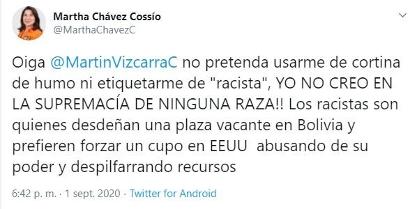 Martha Chávez: Oiga Martín Vizcarra no pretenda usarme como cortina de humo, ni etiquetarme de racista