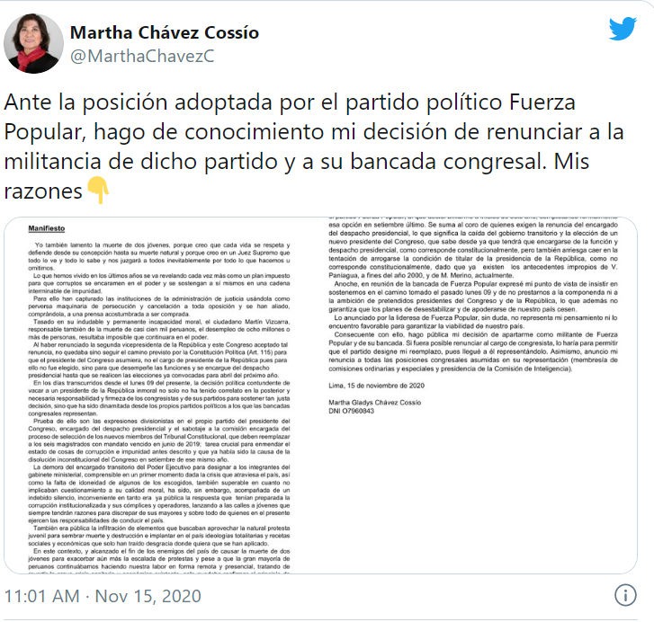 Martha Chávez renunció a Fuerza Popular 
