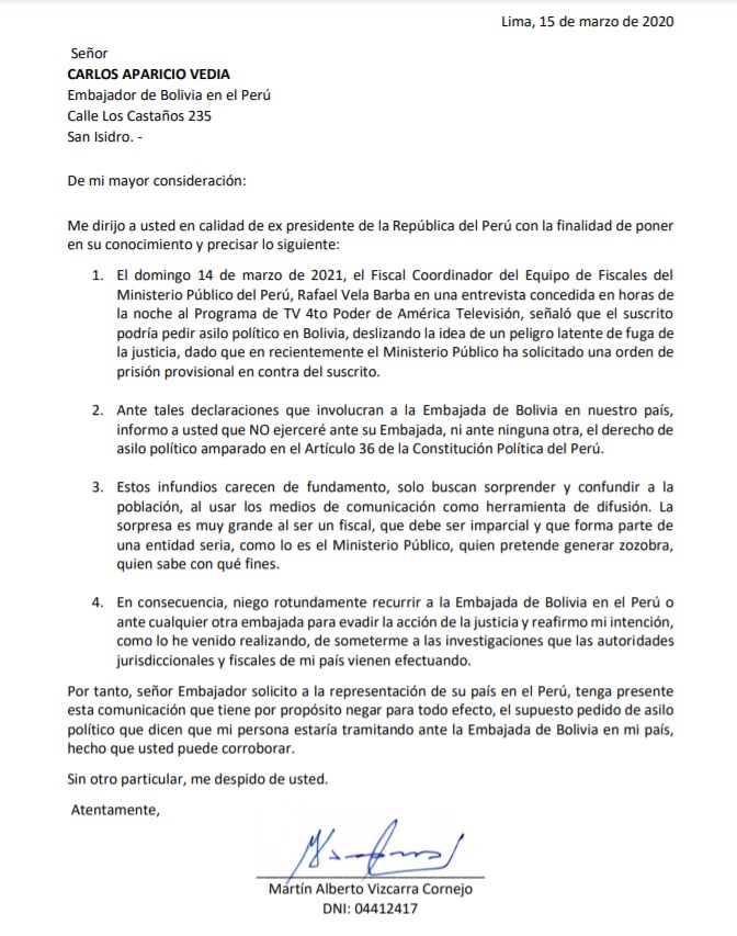 Martín Vizcarra en carta al embajador de Bolivia: "No ejerceré el derecho de asilo político"
