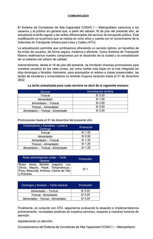 Metropolitano: Impondrán nuevas tarifas desde este sábado