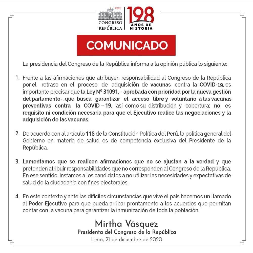 Mirtha Vásquez: Política respecto a salud es responsabilidad exclusiva del presidente
